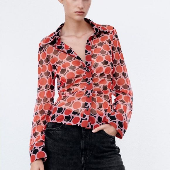 ZARA NWT SHEER BLOUSE BUTTON UP - Picture 1 of 9